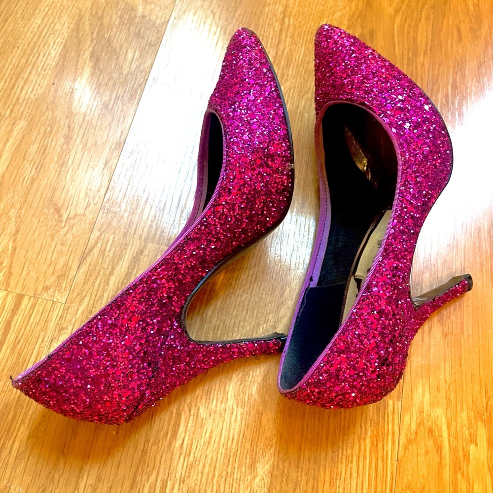Vintage HOT FUISIA PINK  classic glitter pumps 80’s heels almond toe